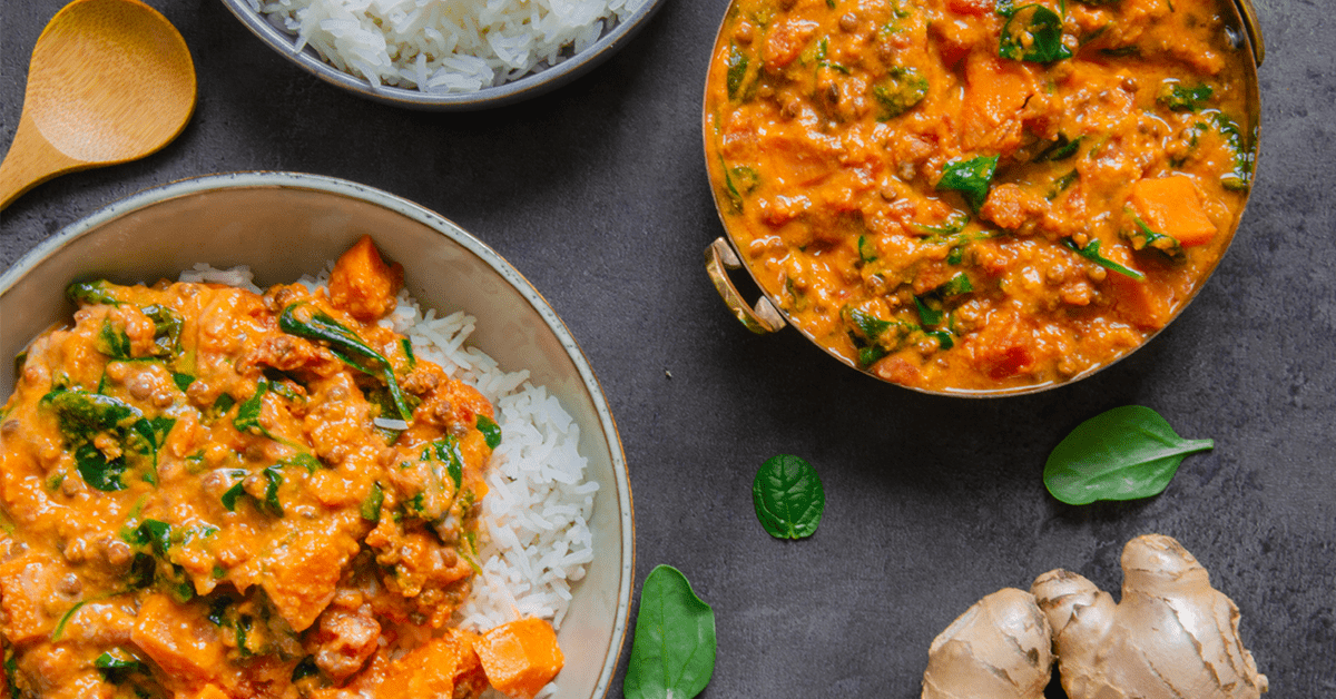 Budgetrecept vegan Indische dahl met rijst en zoete aardappel