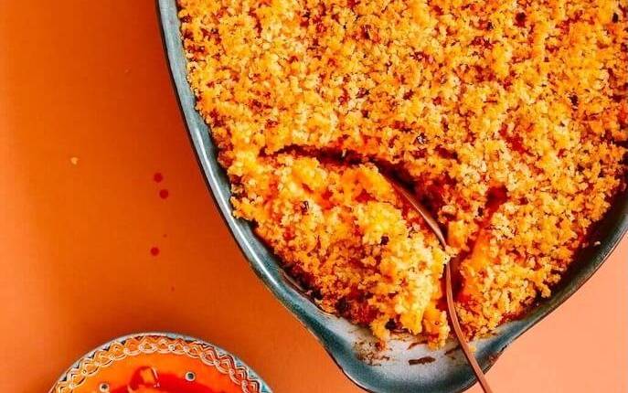 macaronis véganes au fromage, à la citrouille et au kimchi coréen